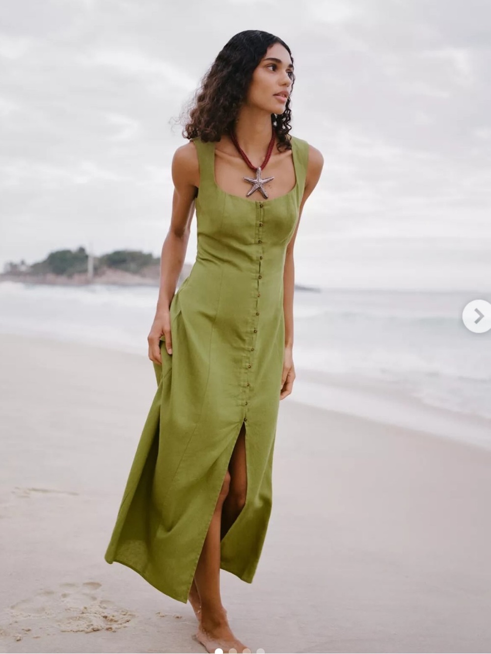 Zara green linen viscose midi dress with button-up front and side slit M Earthy